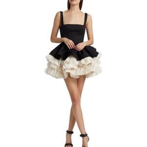 Bronx and Banco Women's Black Beige Catalina Ruffled Satin Minidress Size 6